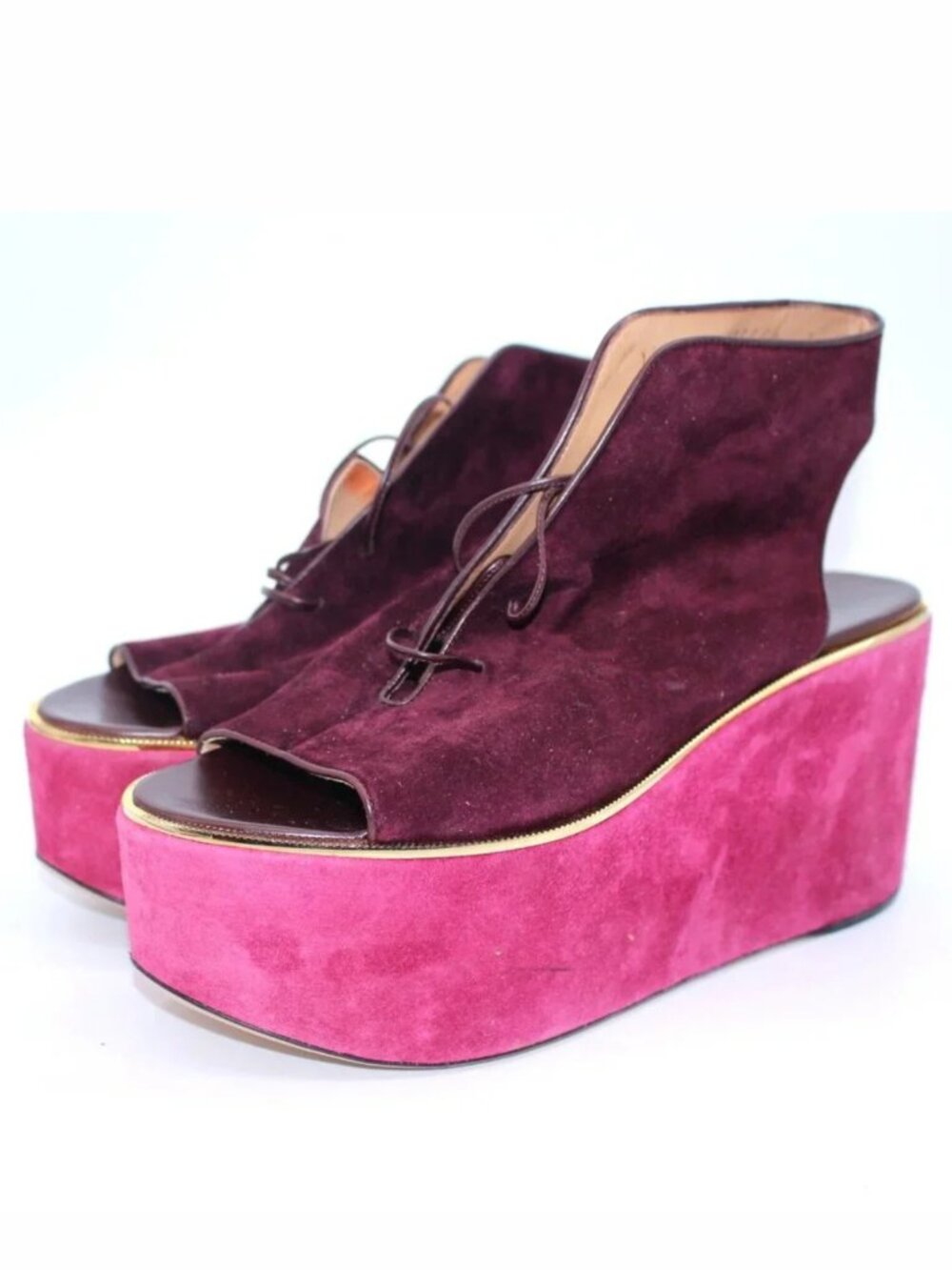 Salvatore Ferragamo Women's Bordeaux Gold Platform Heels Wedge Pump 7C